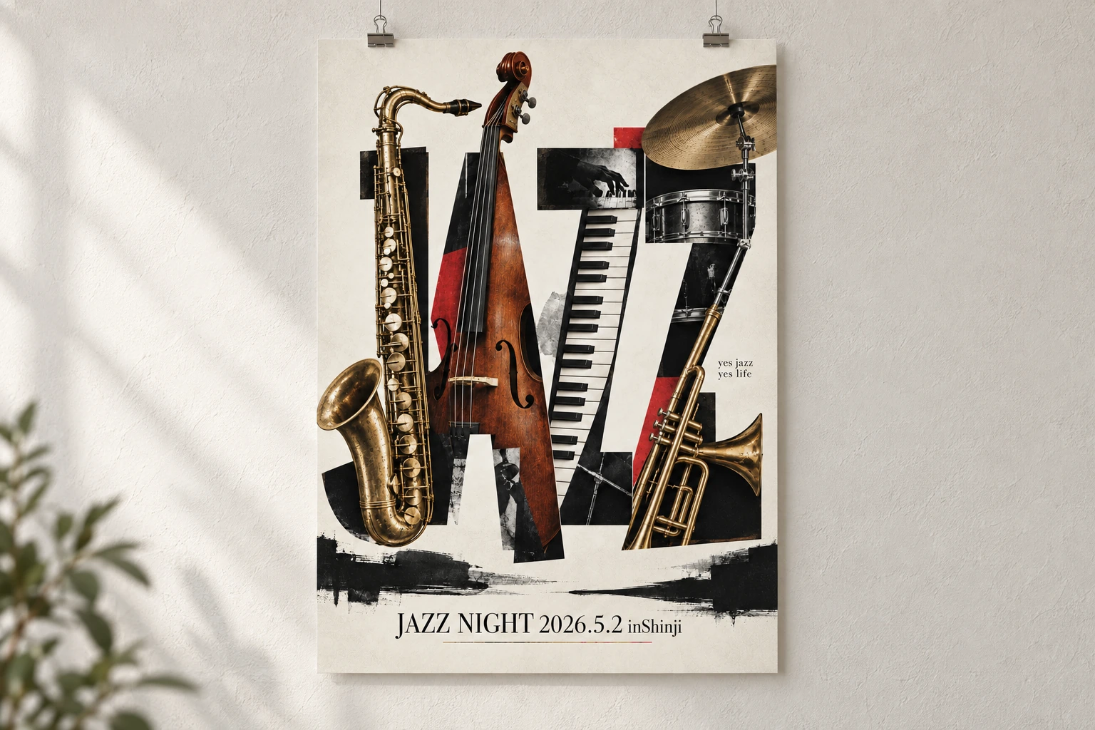 クリップで壁に掲示したJAZZ NIGHTのポスター